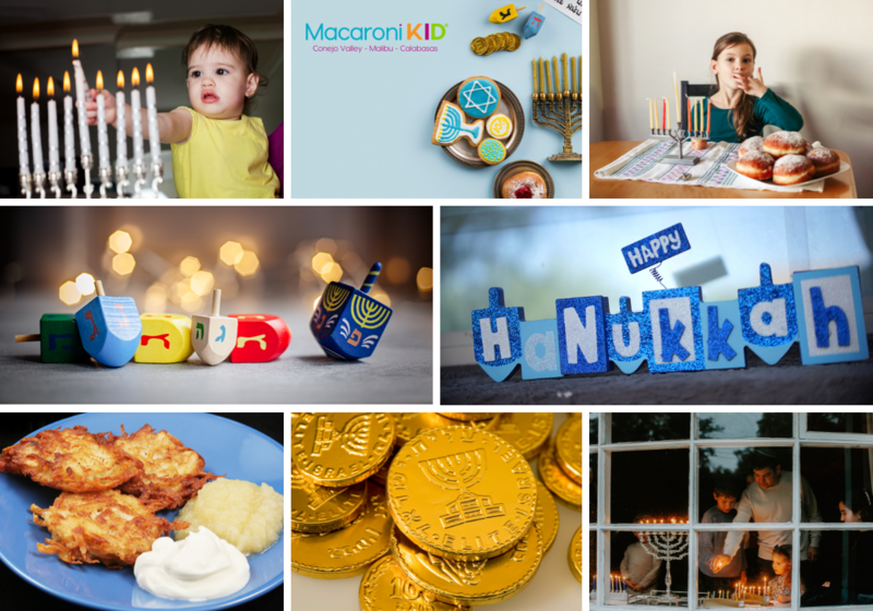 Collage of Hanukkah photos, very young child lighting a menorah, misc. Hanukkah items