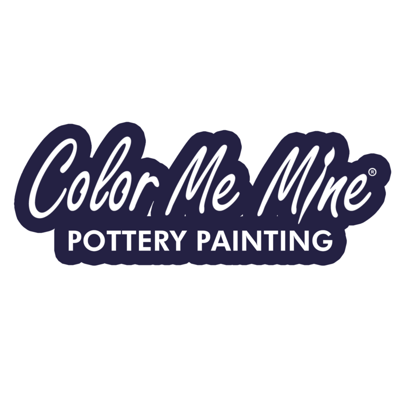Color Me Mine - Pottery Painting - blue outlined words on white background