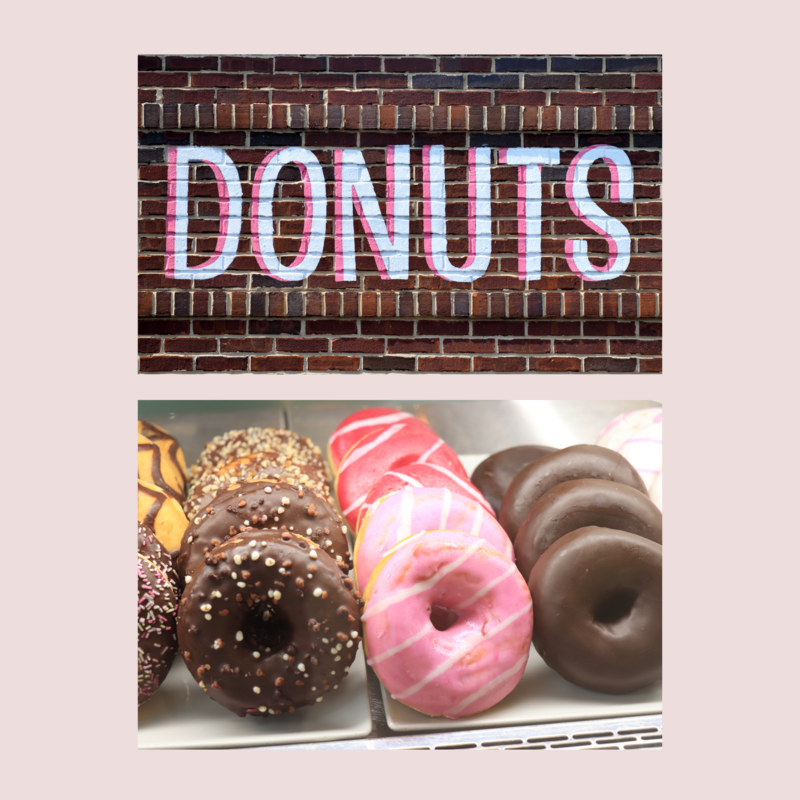 Donuts text against a brick wall with a photo below of a variety of fresh donuts