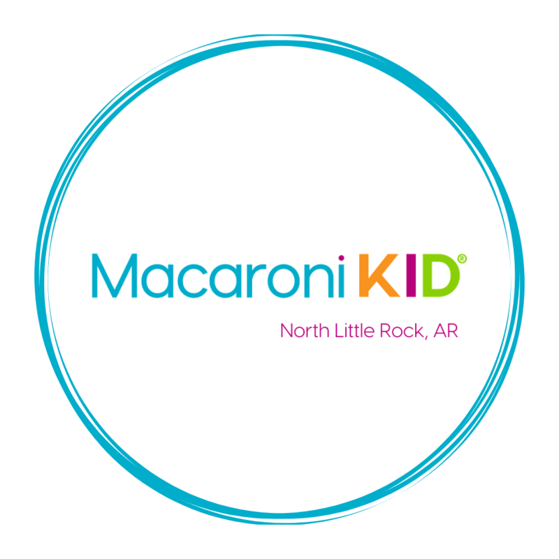 Aqua blue circle surrounding Macaroni KID North Little Rock, AR logo