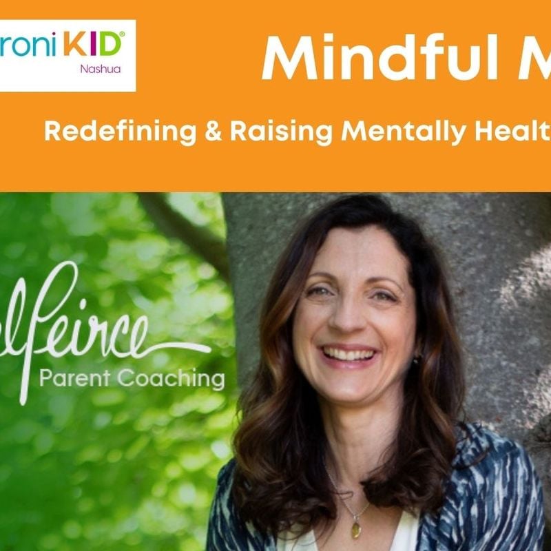 Mindful Mel Big Feelings, Redefining and Raising Mentally Healthy Kids, Mel Pierce's picture is under a blue color block, brunette, smiling in front of a tree