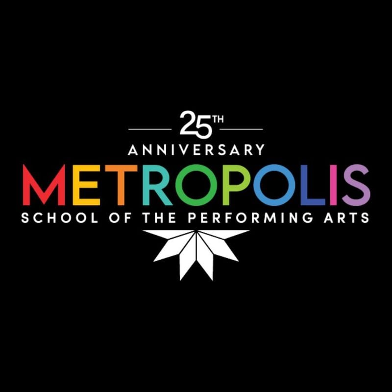 Rainbow Colored Metropolis and White Text and logo 25th anniversary school of performing arts