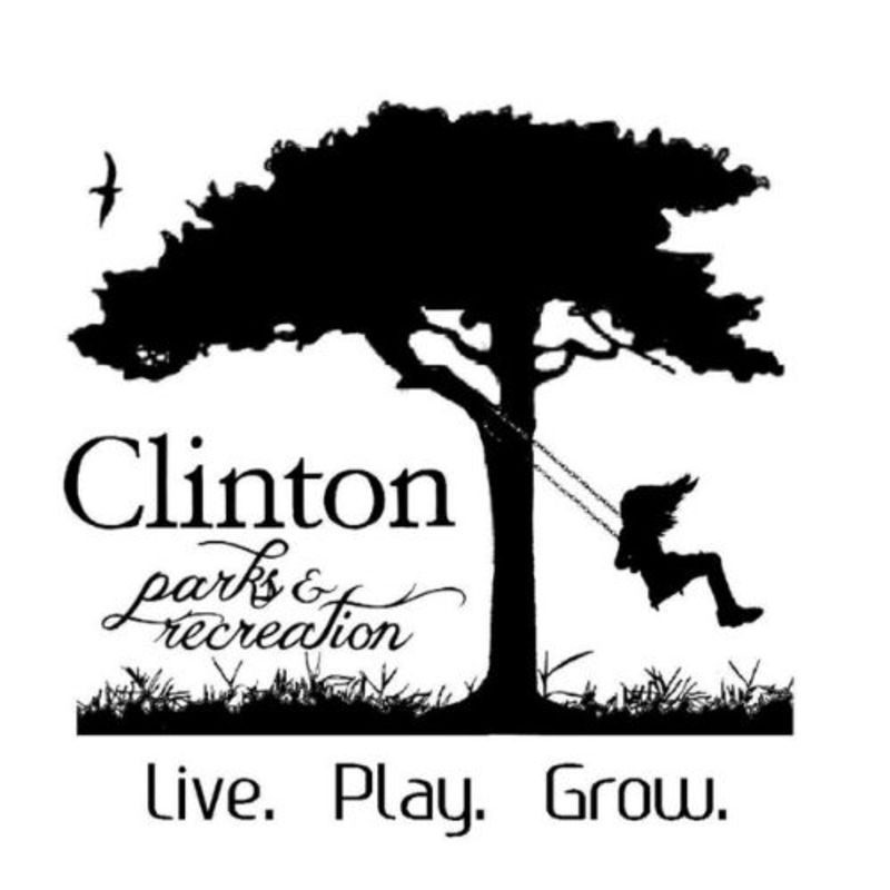Outline of a tree and a child swinging from a branch. text reads clinton parks and recreation