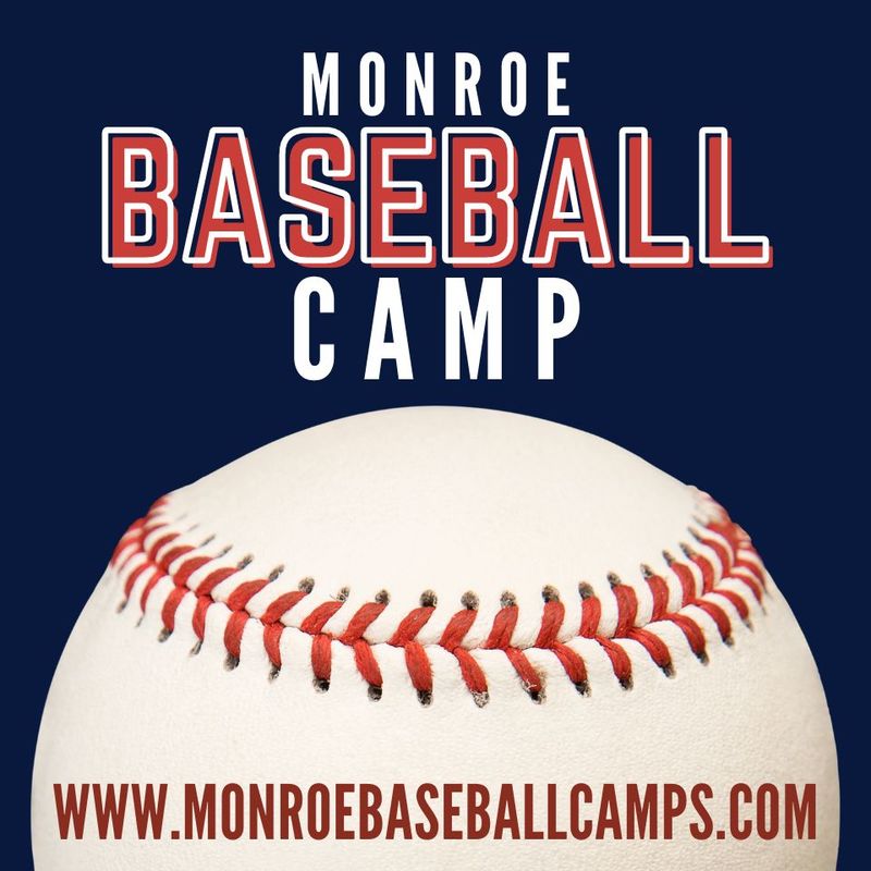 Picture of a Baseball, with the title Monroe Baseball Camp. This is a camp youth and is coached by Jay Culver.