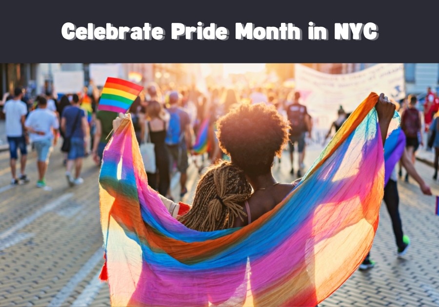 Celebrate Pride Month in NYC with the family – image of crowd marching with pride flags