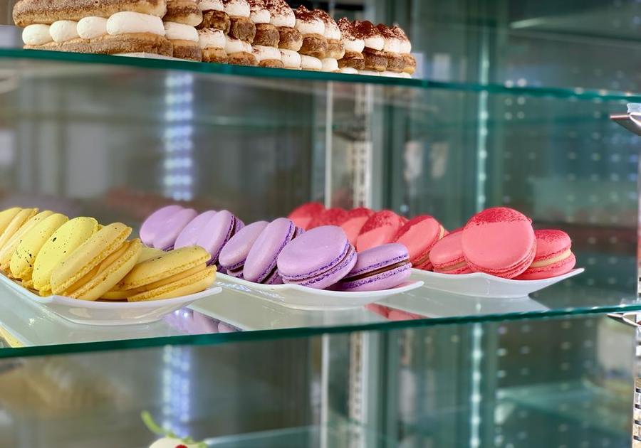 macarons in a display case