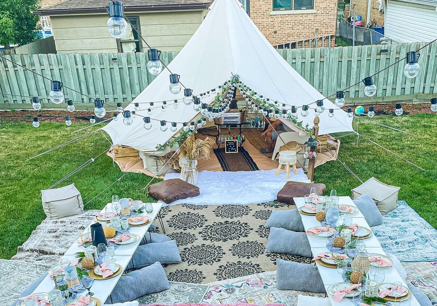 boho glamp tent party scene