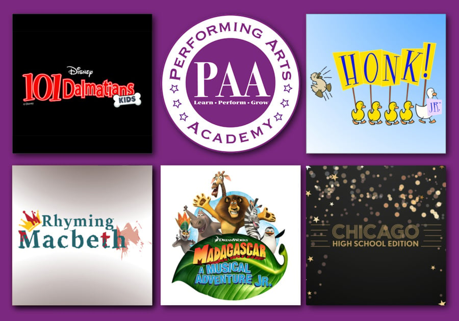 Production logos for 101 Dalmatians Kids, Honk!, Rhyming Macbeth, Madagascar Jr., and Chicago High School Edition