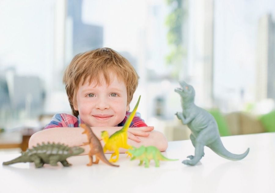 Young boy playing with dinosaurs