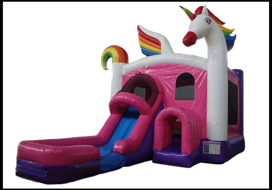 unicorn and rainbow themed bounce house from 5280 Bouncers