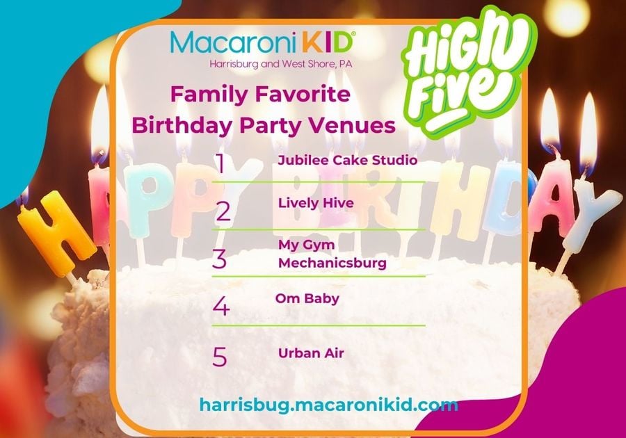 Discover the best birthday party venues in Harrisburg & West Shore! Find the perfect place for stress-free, fun-filled celebrations at Jubilee Cake Studio, Lively Hive, My Gym, Om Baby, & Urban Air.