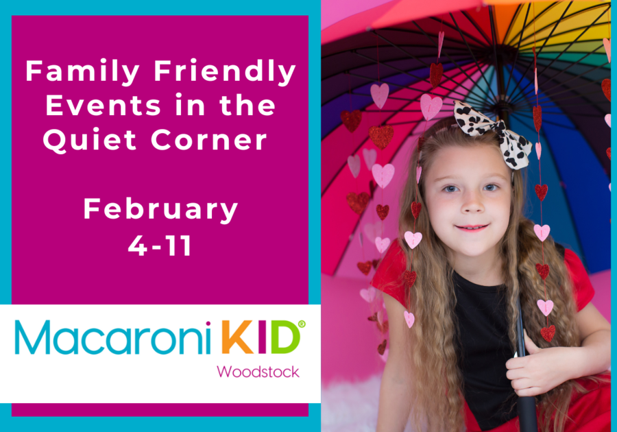 A girl celebrating Valentine's Day is under a rainbow umbrella with hearts hanging down