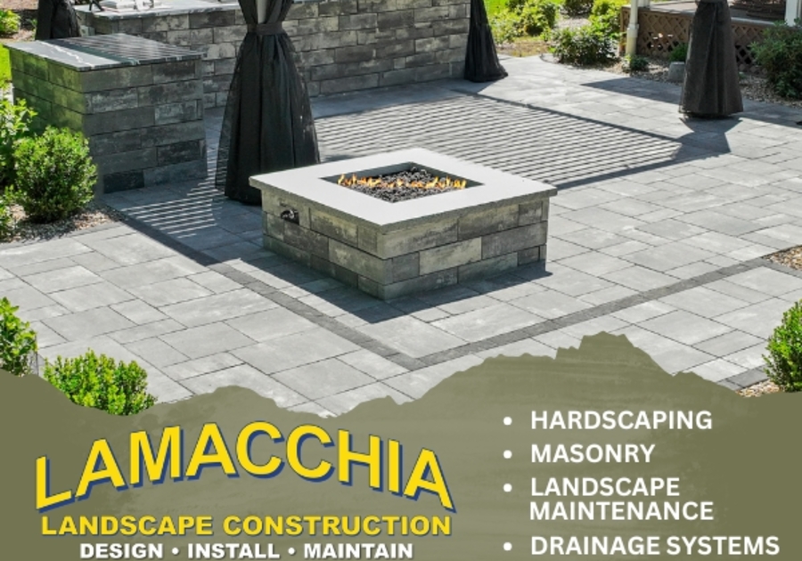 Lamacchia Landscape Construction logo with the words design, install, maintain, hardscaping, masonry, landscape maintenance, drainage systems, driveways