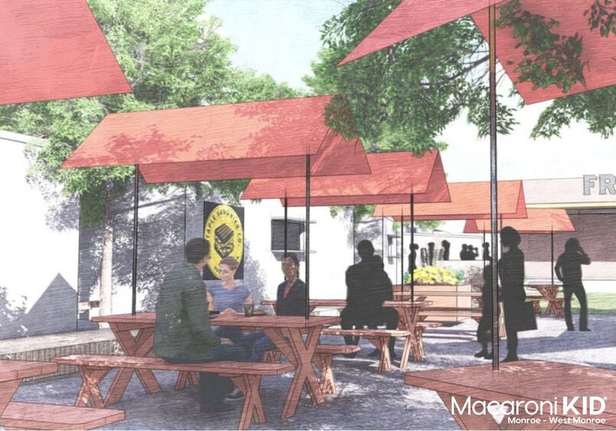 Hand drawn rendering of an outdoor food park in Ruston, Louisiana. Heard Freight House Food Park features farm to table foods in a casual atmosphere that your family will love.