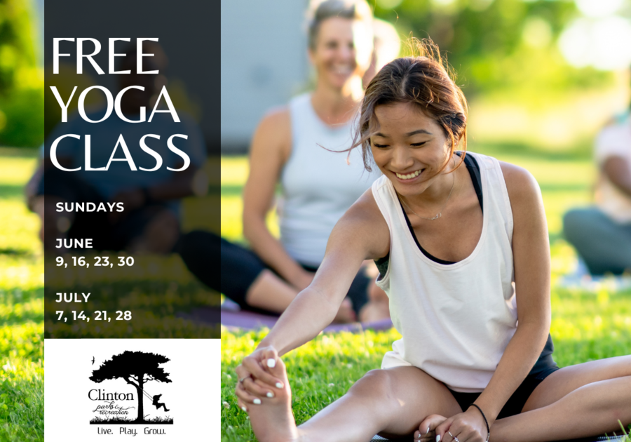 Shows an adult in a park doing yoga. Text reads free toga class, Sundays in June and July.