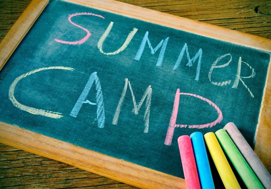 Framed chalk board with writing that says summer camp