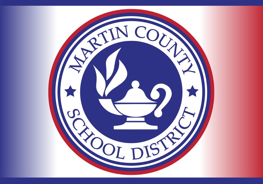 Martin County School District Logo on blue white and red background