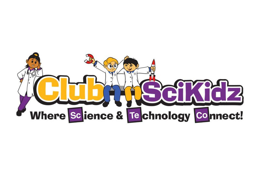 Kids in science coats in text: Club Scikidz Where Science & Technology Connect