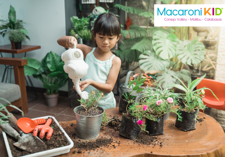 Young girl watering a freshly planted potted plant with dirt and gardening tools nearby