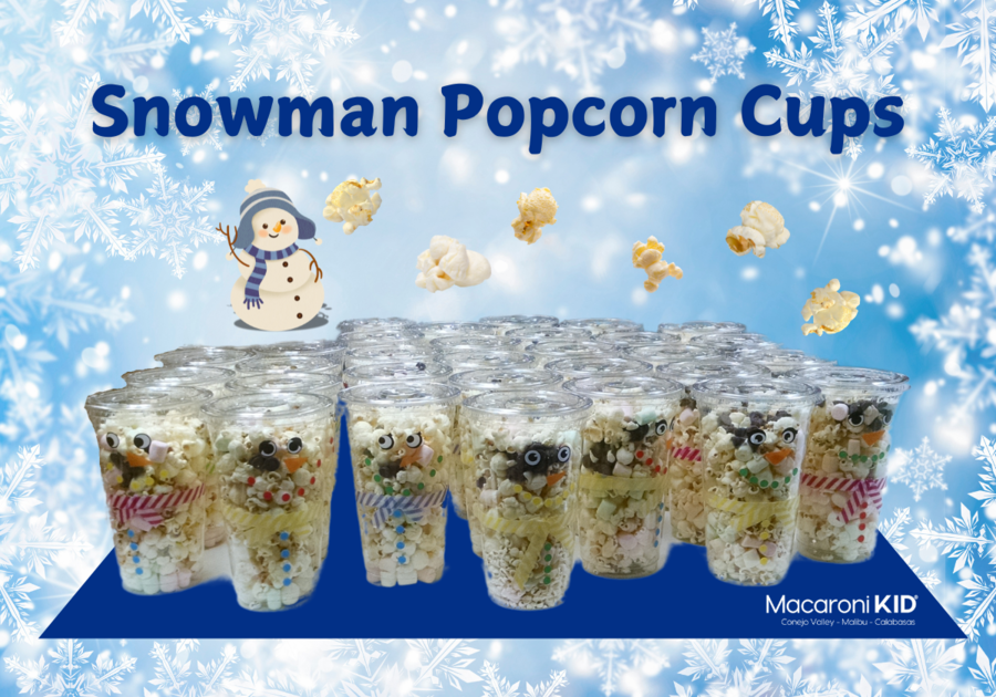 Snowman Popcorn Cups, Clear plastic cups filled with popcorn and topped with chocolate chips and marshmallow decorated as snowmen with scarfs, eyes, carrot nose and buttons