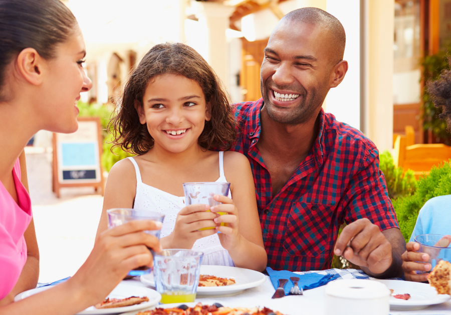 mixed family, eating, family time, dinner