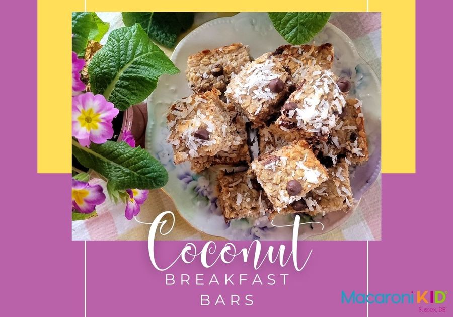 Coconut bars on china plate lined with purple flowers with pot of purple flowers to the side