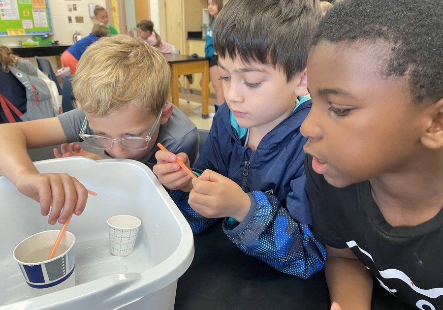 Three children doing a science experiment with water