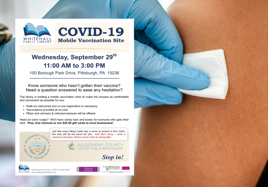 Flier for Covid 19 mobile vaccination placed to the left of a gloved hand cleaning off an arm after a suggested shot