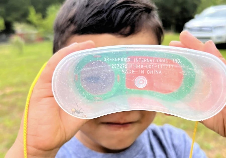 boy with binoculars with spider inside