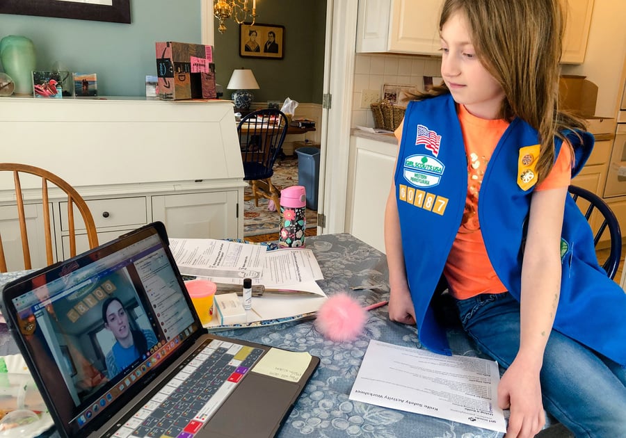 Madison Norton, a 7-year-old GSWPA Girl Scout, participates in online programming facilitated by local Girl Scout staff.