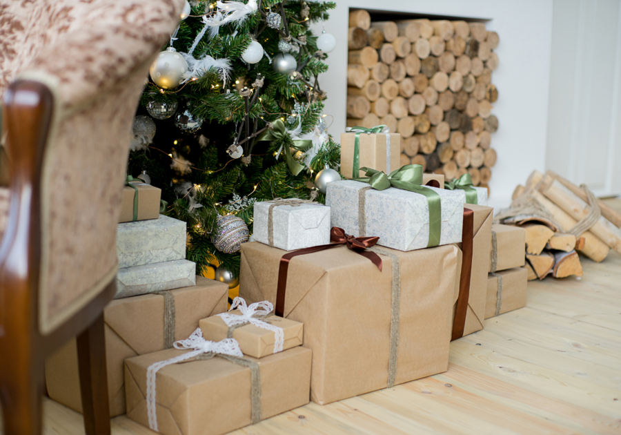 Christmas gifts in brown paper