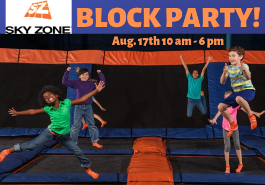 Back to School Block Party at Sky Zone Hoover, near Birmingham, Alabama will feature lots of games, inflatables, food trucks and more!