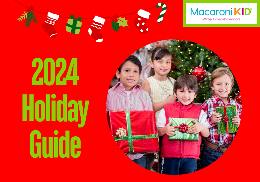 2024 Holiday Guide header. Image of children holding Christmas gifts.