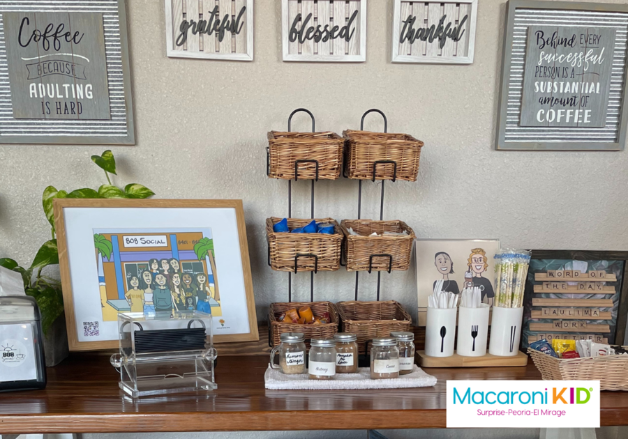 Coffee shop counter with sugar, creamer and decorative elements