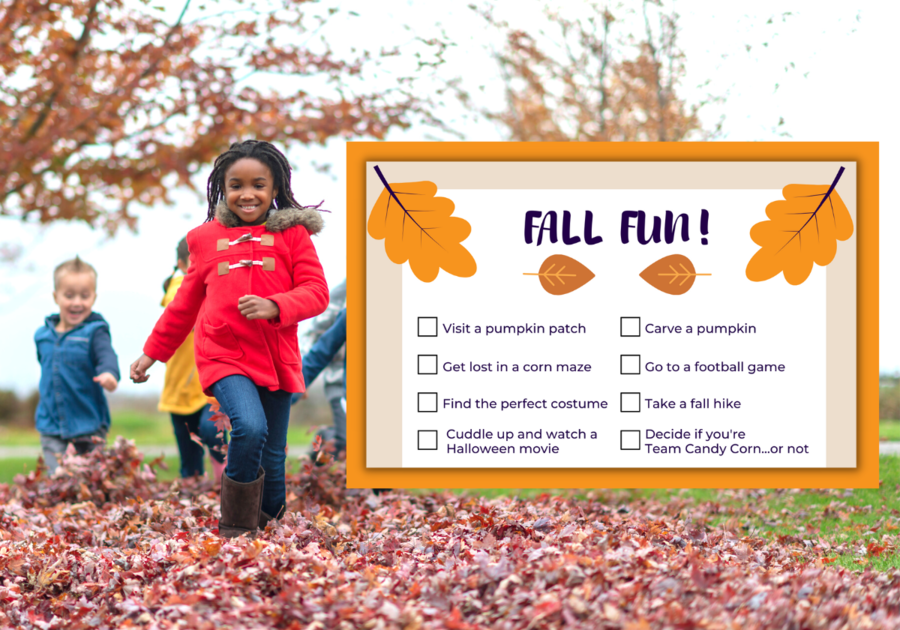 kids running through fall leaves with fall fun printable image.