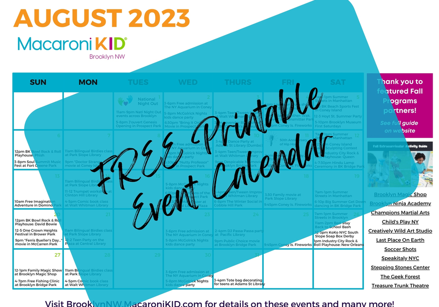 August FREE printable event calendar - Brooklyn