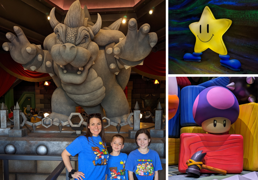 collage of family at super nintendo world