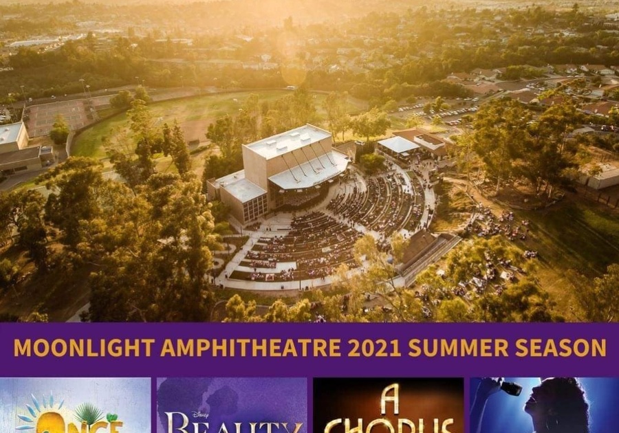 Text in image Broadways best under the stars, birds eye view of the amphitheatre, text in image at the bottome 2021 Summer season Once on this island beauty and the beast a chorus line on your feet