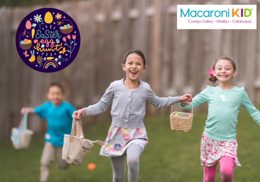 Easter egg hunt with kids holding baskets running outdoors