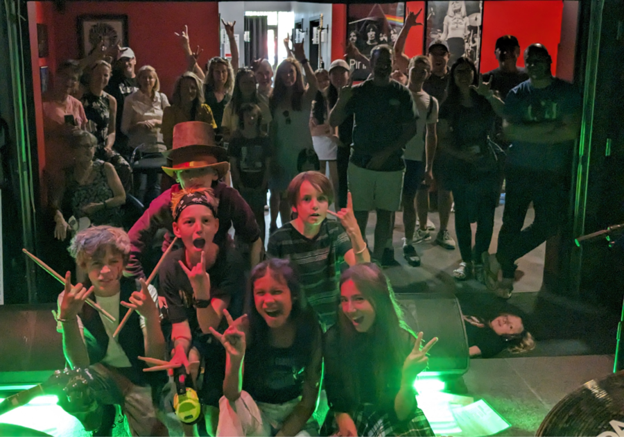 School of Rock Highlands Ranch summer camp group photo with campers and parents