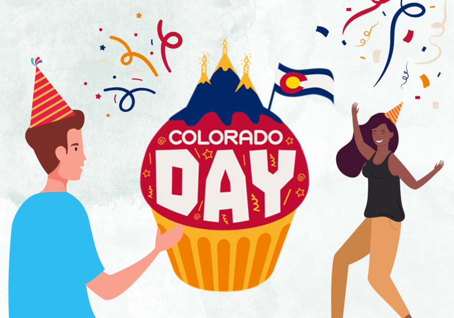 graphic of a party with a giant cupcake that says Colorado Day