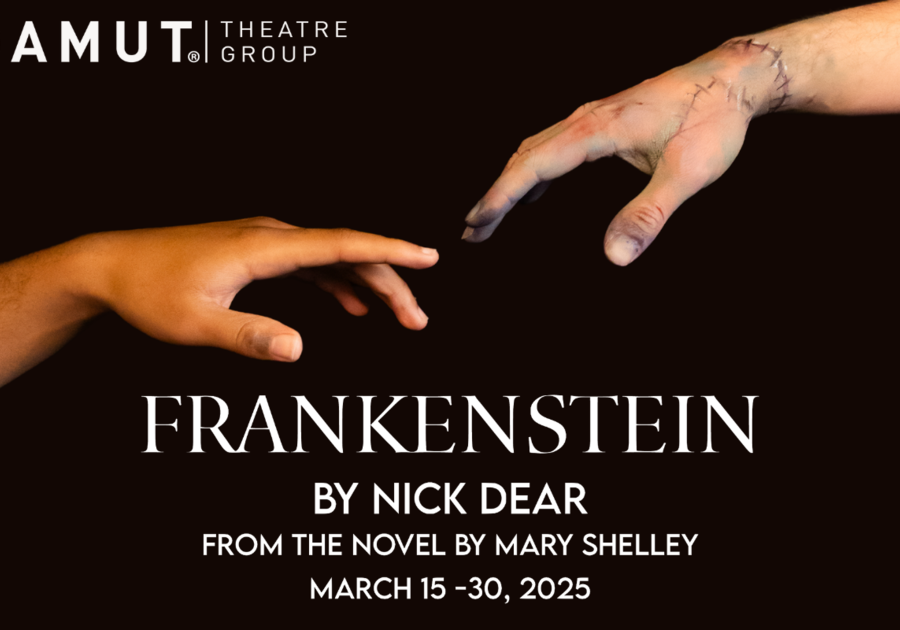 A promotional image for Gamut Theatre’s production: Frankenstein, with two hands reaching toward each other on a black background. One appears normal, one is stitched together reanimated creature