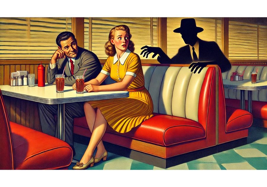 Diner scene where a woman looks startled as a shadowy figure reaches toward her. A man sits beside her, looking concerned. It evokes themes of discomfort, unwanted attention, & personal boundaries.