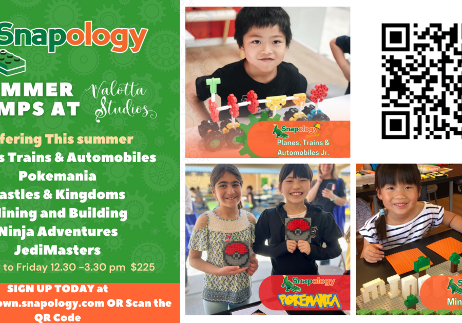 Snapology STEM Camp Postcard for summer camp 2024 with camp offerings and images of children enjoying camp