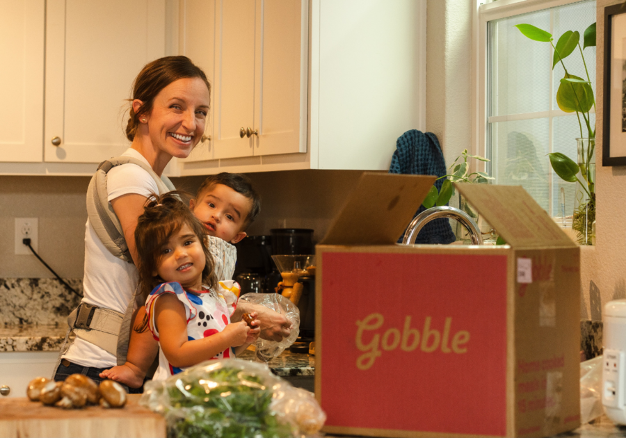 Publisher Jamie Bondoc making Gobble food kit meal with her daughter