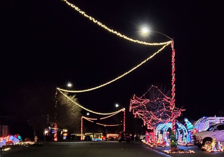 Christmas lights wrapping and strung from the streetlamps, crisscrossing the wide neighborhood street
