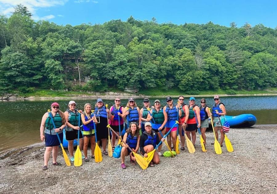 Macaroni Kid publishers prepare to embark on a 5-mile rafting trip on the Delaware River from Narrowsburg, NY hosted by Lander's River Trips