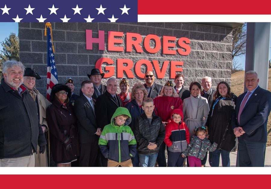 Community leaders, veterans, & families gather at Heroes Grove in Harrisburg to celebrate a grant awarded to the Lower Paxton Foundation, supporting the growth of the Independence Weekend Celebration