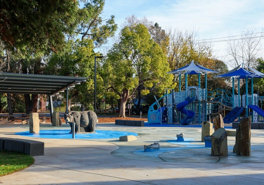 Chapman park's new play structures, picnic area, and splash pad featuring a grizzly bear to climb on