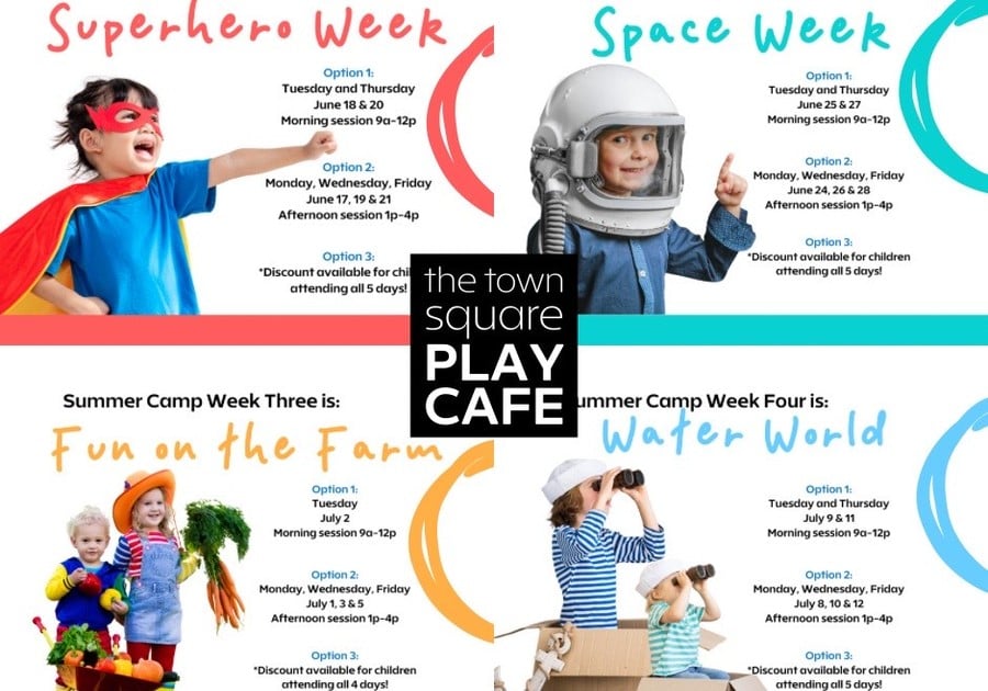 Town Square Play Cafe Summer Camp Chesapeake VA theme weeks for summer camp superhero space fun on the farm water world summer fun at indoor playground for children ages 2 to 6 potty independent